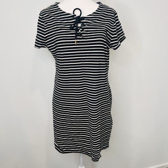 Striped Tommy Hilfiger Navy Blue Gray And White Form Fitting Dress Size L - Picture 1 of 5